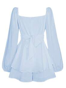 Womens Lantern Ruffle Romper Off Shoulder Puff Sleeve Flowy Lyaner Romper Dress Smocked Short Jumpsuit Playsuits - Màu xanh nhạt - Xem 6