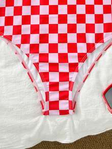 Women's Simple Plaid Halter Neck Tied Detachable Design Sporty One-Piece Swimsuit, Suitable For Youth & Teenagers, Casual Activewear