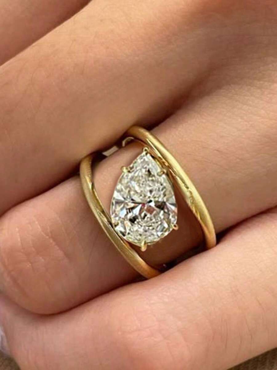 1 pieza Anillo de piedra de circonita con diseño geométrico en capas, anillo de lujo de oro y cobre de moda, adecuado para uso diario, citas, banquetes, vacaciones en la playa, fiestas, bodas, compromiso, joyería de boda, regalo de joyería