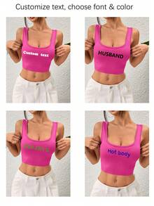 Customized Women Short Tank Top, Add Text, Choose Preferred Color And Font, Design Your Own Personalized Graphic Tee Summer - Hot Pink - View 2