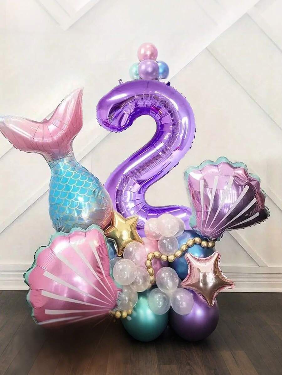 24pcs Mermaid Shell Balloon Set, 40-Inch Extra Large Purple Numeral Foil Balloon, Birthday Party Ocean Shell Theme Party Wedding Mermaid Party Decor - Multicolor - View 1