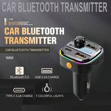 调频发射器 - 蓝牙发射器汽车音响 - 蓝牙调频发射器 - 2 个 USB 端口、1 个 USB C 端口、车载充电器、快速充电适用于日常通勤、长途驾驶、驾驶时充电汽车配件车载充电器适配器 - 黑色 - 查看 5