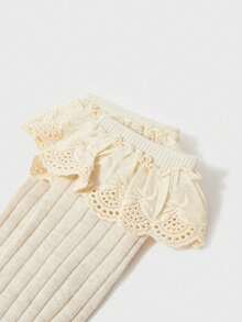 3 Pairs Kids Floral Lace Trim Solid Color Knee High Socks, Cute And Sweet For Girls' Everyday Wear, Spring/Summer - Multicolor - View 5