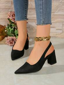 尖头纯色高跟凉鞋，蝴蝶结中跟休闲玛丽珍鞋，青少年款，春夏新品 - 黑色 - 查看 2