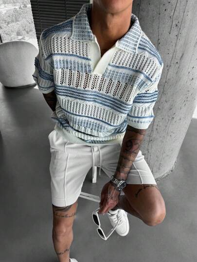 Men's Hollow Striped Knit Short Sleeve Polo Shirt