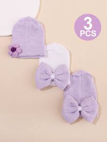 Set de 3 gorros suaves y cómodos para bebé recién nacido con decoración de moño - Multicolor - Ver 1