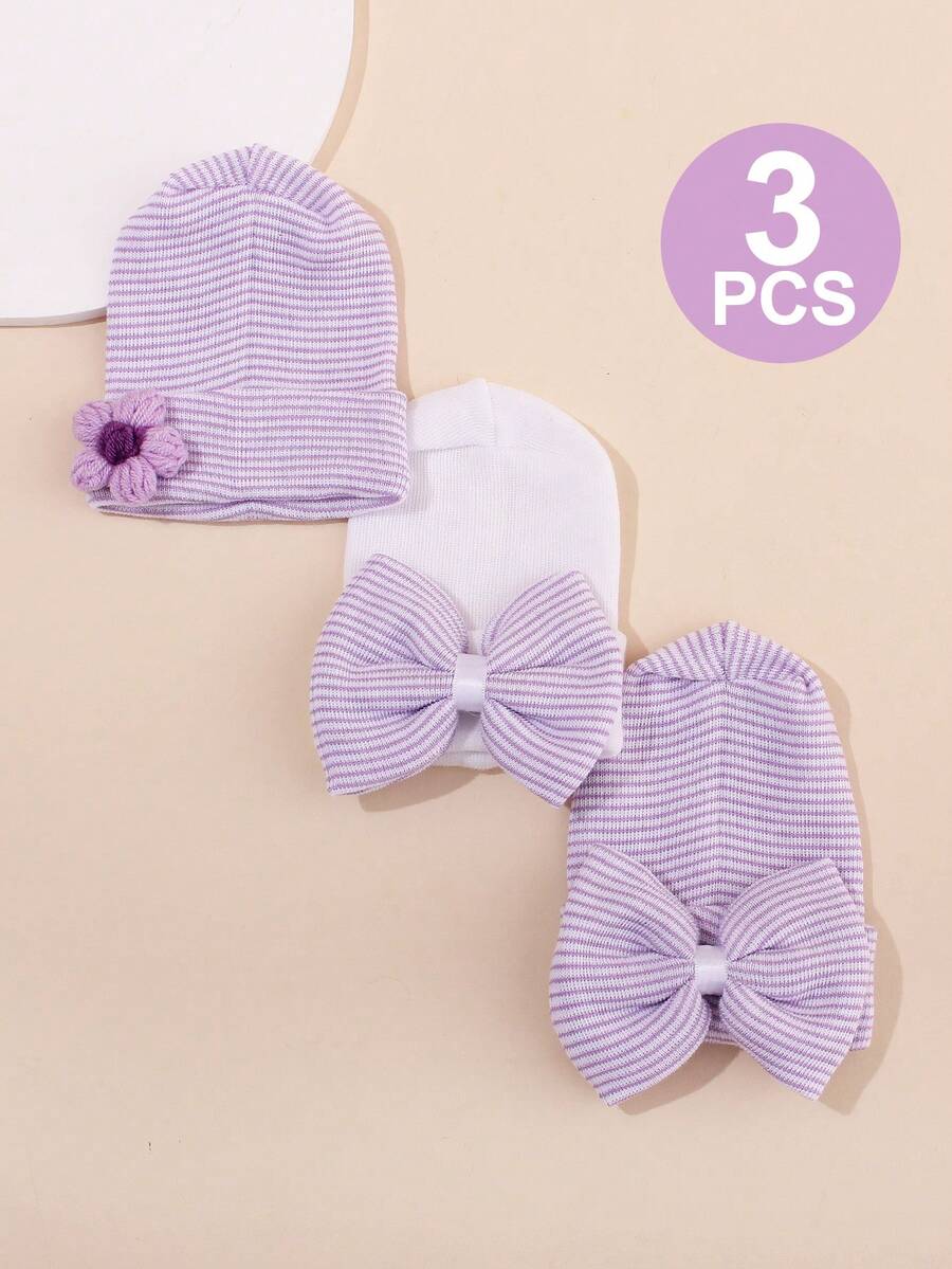 Set de 3 gorros suaves y cómodos para bebé recién nacido con decoración de moño - Multicolor - Ver 1