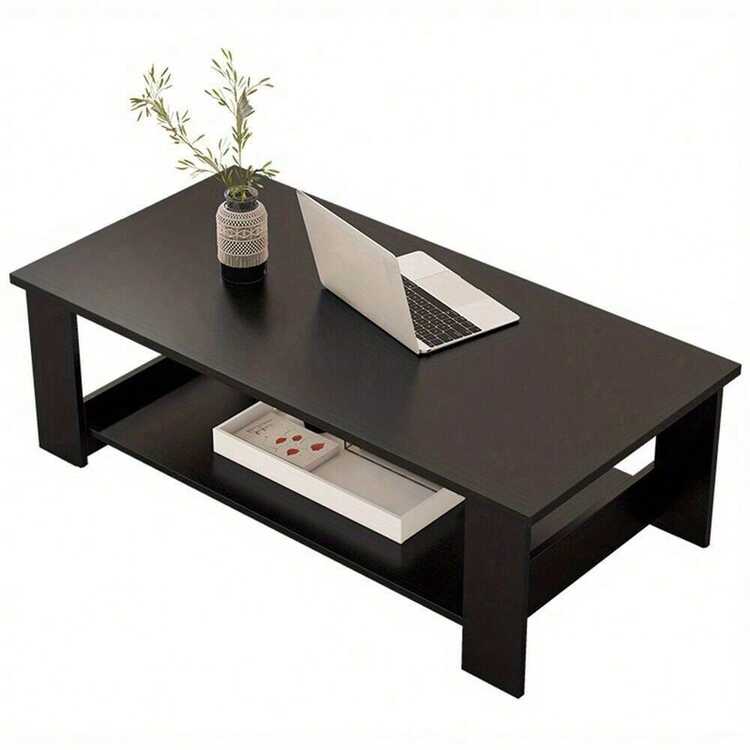 Modern Coffee Table Living Room Tea Side End Desk With Lower Storage Shelf Black - Black - View 1