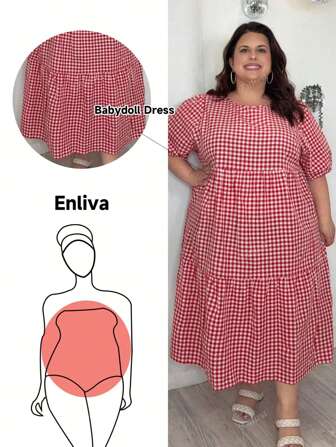 Enliva Plus Size Plaid Print Casual Vacation Dress