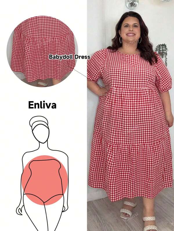 Enliva Plus Size Plaid Print Casual Vacation Dress