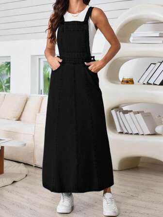 女士休闲口袋长款牛仔背带裙
