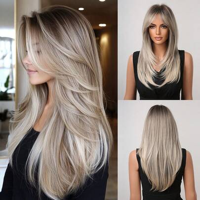 渐变色铂金蝴蝶长发合成刘海假发，适合女士，白金色分层长直发假发，适合日常派对角色扮演假发，适合学校返校节