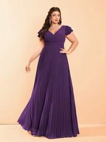 交叉V领珍珠雪纺褶皱荷叶边袖高端晚礼服 - 紫色 - 查看 4