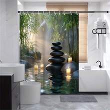 1pc Zen Garden Shower Curtain With Bamboo & River Rock Design – Tranquil Black Stone, Candle & Pond Scene For Bathroom Decor, Polyester Fabric, Machine Washable, Perfect For Modern Home Aesthetic Bathroom Accessories - Multicolor - View 3