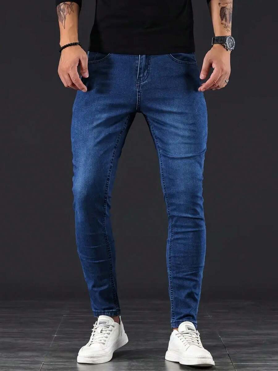 Men's Skinny Jeans Modern Design High Durability Comfortable Faded Blue - 藍色 - 查看 1