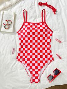 Women's Simple Plaid Halter Neck Tied Detachable Design Sporty One-Piece Swimsuit, Suitable For Youth & Teenagers, Casual Activewear