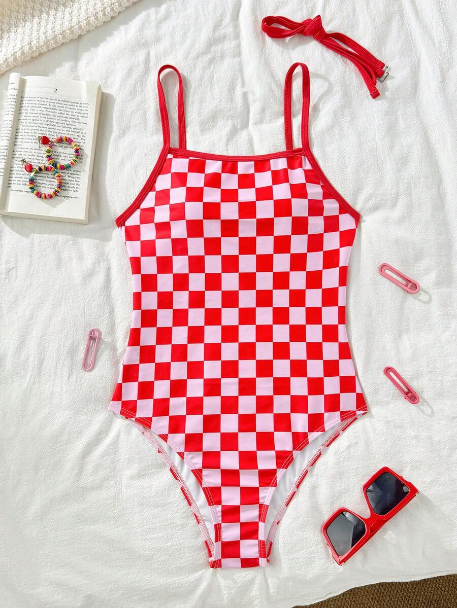 Women's Simple Plaid Halter Neck Tied Detachable Design Sporty One-Piece Swimsuit, Suitable For Youth & Teenagers, Casual Activewear