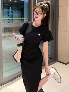 女式夏季天使图案褶皱休闲迷你连衣裙