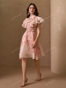 Elegant Romantic Floral Printed Half-Button Decorative Belt Vacation Style Dress For Women