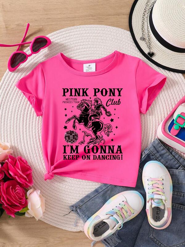 Young Girl Fashion Letter & Horse Girl Star Print Round Neck Short Sleeve T-Shirt, Spring/Summer