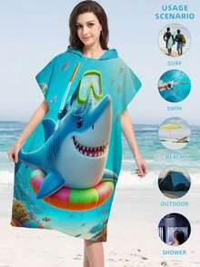 1pc Shark Hooded Poncho Changing Robe, Microfiber Wearable Beach Towel, Suitable For Surfing, Swimming, Bathing, Outdoor Sports, Adult Hooded Towel Cloak Robe - Multicolor - View 18