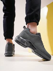 男士透气气垫圆头低帮系带运动鞋，针织面料休闲运动鞋，适合日常穿着，舒适、减震、耐磨