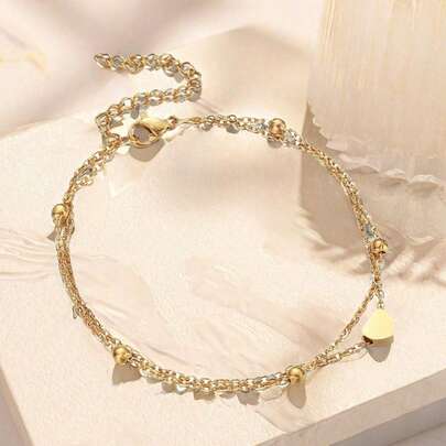 1pc Summer Fashion Europe & US Style Minimalist Beads Heart Double Layer Anklet For Girls, Versatile And Elegant