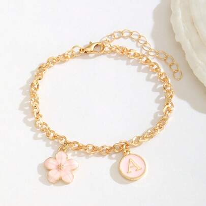 1pc Floral & Letter Charm Pink Bracelet, Sweet & Fashionable Summer Accessory For Girls, Children's Birthday Gift