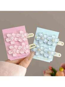 4pcs Romantic Sweet Pink/Blue Sakura Hair Clips, Cute Side Bangs Clips For Women, Y2K Fairy Decorative Hair Accessories, Ins Style, Hair Clip Card Paper Not Included, Suitable For Daily Use, Valentine's Day Gift Back To School