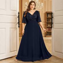 Elisanya Plus Size Elegant V-Neck Ruched Sleeve Front Ruched Sequin Splice Chiffon Flounce Dress Party Dress Wedding Guest Dress Formal Dress Evening Dress, Bride Dress, Birthday Women Outfits, Graduation Dress, Gown