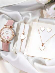 A Quartz Watch+Heart-Shaped Jewelry Set - Black - View 16