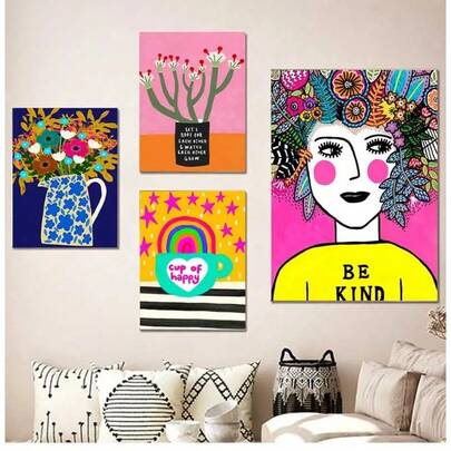 1pc Nordic Posters Room Decoration Wall Photos Colorful Flower Rainbow Cup Lady Leopard Canvas Painting Gifts Decor Optional Frame