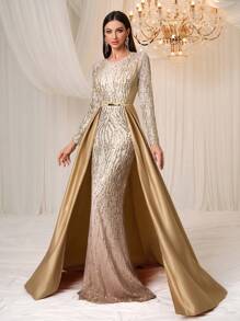 YISIKADO Women's Formal Party Gown, Elegant Luxury Sequin & Satin Long Sleeve Caped Dress