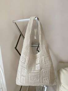 镂空撞色钩针编织手提包，度假风格 - 米色 - 查看 3