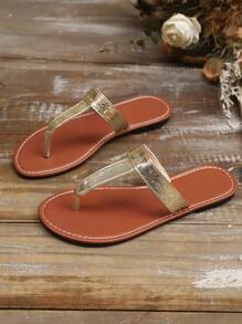 Plus Size Women Flat Sandals, Comfortable Fashion Summer Beach Thong Sandals, Gold Slip On, Versatile Beach Flip Flops
