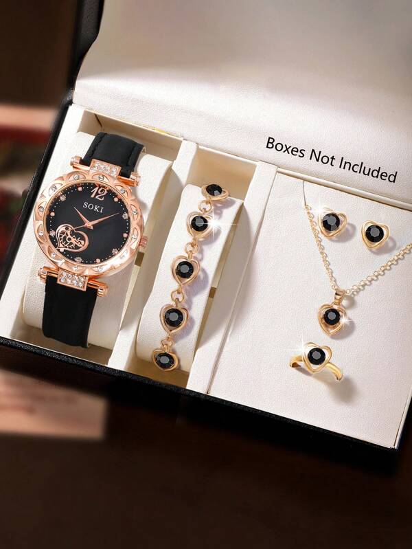 6 pièces Montre de mode décontractée pour femme avec cadran en forme de pêche et ensemble de bijoux comprenant un collier en forme de cœur, des boucles d'oreilles, un bracelet et des bagues. Convient pour un port quotidien, la rentrée des classes, la saison de remise des diplômes, Thanksgiving, les couples. Boîte de montre non incluse.