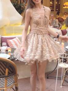 Glitter Sexy Sequin Patched Criss Cross Backless Mini Party Dress, Suitable For Beach, Party, Music Festival - Champagne - View 5