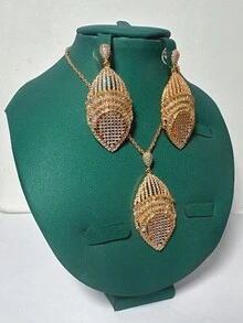 2pcs Copper Cubic Zirconia Leaf Design Gold Necklace And Earrings Jewelry Set, Copper With Zirconia Stone, Suitable For Women's Daily, Evening Party, Girlfriend Gift - Gold - View 5