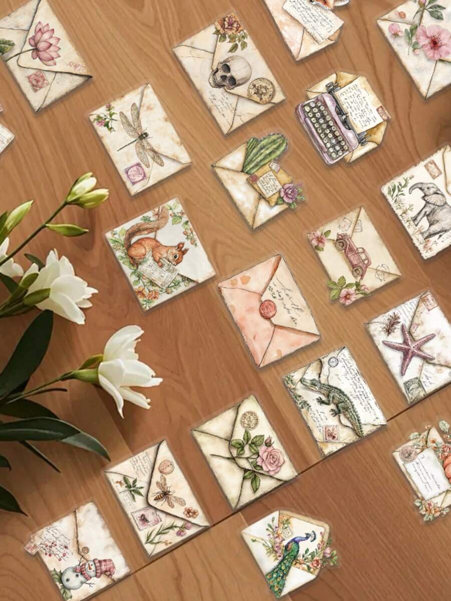 50 件复古信封贴纸，手机壳、电脑、墙壁、滑板、吉他、桌面装饰贴纸，个性化自粘，学校用品，返校 - 彩色 - 查看 1