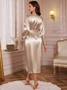 1pc Women's Elegant Spring/Summer Soft Silk Solid Color Sleepwear, Loose Fit Long Sleeve Robe, Breathable Loungewear Suitable For Home Use - Champagne - View 5