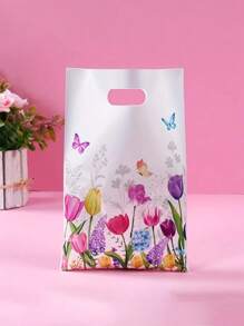 25 Stücke Tulpen Blumen Geschenktüte, frühlingshaftes Party Handtäschchen, Party Snack Rückgabe Geschenkverpackung Süßigkeitenverpackung, mit hellem Blumenmuster, 9.84* 6.49-Inch Verpackungstasche, geeignet für Feste, Geburtstage, Hochzeiten und Partys (Farbmischung)