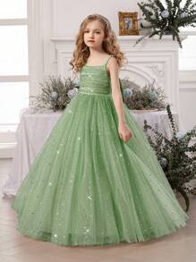 Tween Girl Pearl Strap Star Mesh Bow Mint Green Christmas Dress, Elegant Princess Dress Suitable For Girls Birthday Gift, Teenager Party Prom Wedding Flower Girl Bridesmaid Dress, Thanksgiving Graduation