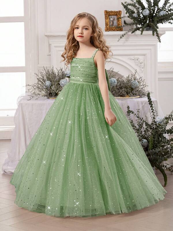 Tween Girl Pearl Strap Star Mesh Bow Princess Dress, Elegant Costume Suitable For Birthday, Party, Wedding, Flower Girl, Holiday Celebration