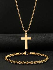 2 件套不锈钢扭曲金银色项链和手链套装，时尚男女通用礼物，适合父亲节、圣诞节、新年派对和日常佩戴