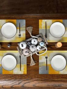 4pcs/6pcs Set Abstract Geometric Pattern Placemats, 12x18 Inch Rectangular Linen Table Mats, Machine Washable, Yellow & Gray Woven Tablemats, Suitable For Dining Room, Home, Kitchen, Party, Cafe - Yellow - View 2
