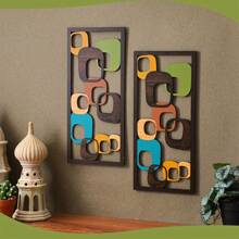 Zwei Stücke mittelalterliche moderne Holzwandkunst - geometrische abstrakte Paneele in Cyan, Orange, Blau und Braun, geeignet für Wohnzimmerdekoration, elegante Innenraum-Wandverzierung, perfekt für Zuhause oder Büro, Innenraum-Verzierung | Wandkunst-Präsentation | strukturierte Holzfurnier