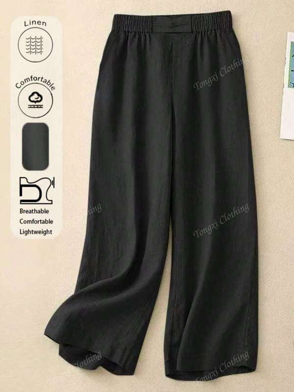 Women's Long Pants For Spring, Summer, And Autumn. Simple, Comfortable, And Breathable Black Linen Pants With Buckles And Elastic Waistband Suitable For Everyone.