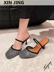 Xin Jing Shoes Fall/Winter Women's Casual Sexy Fashion Round Toe Rhinestone Hollow Back Commuting Mid-Heel Shoes, Elegant, Mule, Party