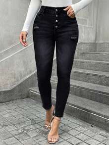 Elastic Single-Breasted Women's Skinny Casual Denim Pants - Black - View 5