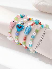 Bộ 4 vòng tay hạt thủy tinh, trang sức vòng tay phong cách Boho mùa xuân/hè với hạt trái tim đỏ và cá, cá gốm thủ công (Bọt khí và đốm đen trên bề mặt là bình thường, không phải vấn đề về chất lượng) - Nhiều màu - Xem 3